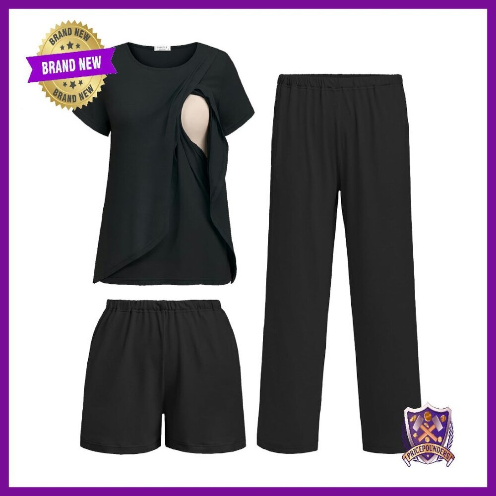 Maternity Nursing Pajamas Set 3-Piece Breastfeeding Sleepwear S-XXL